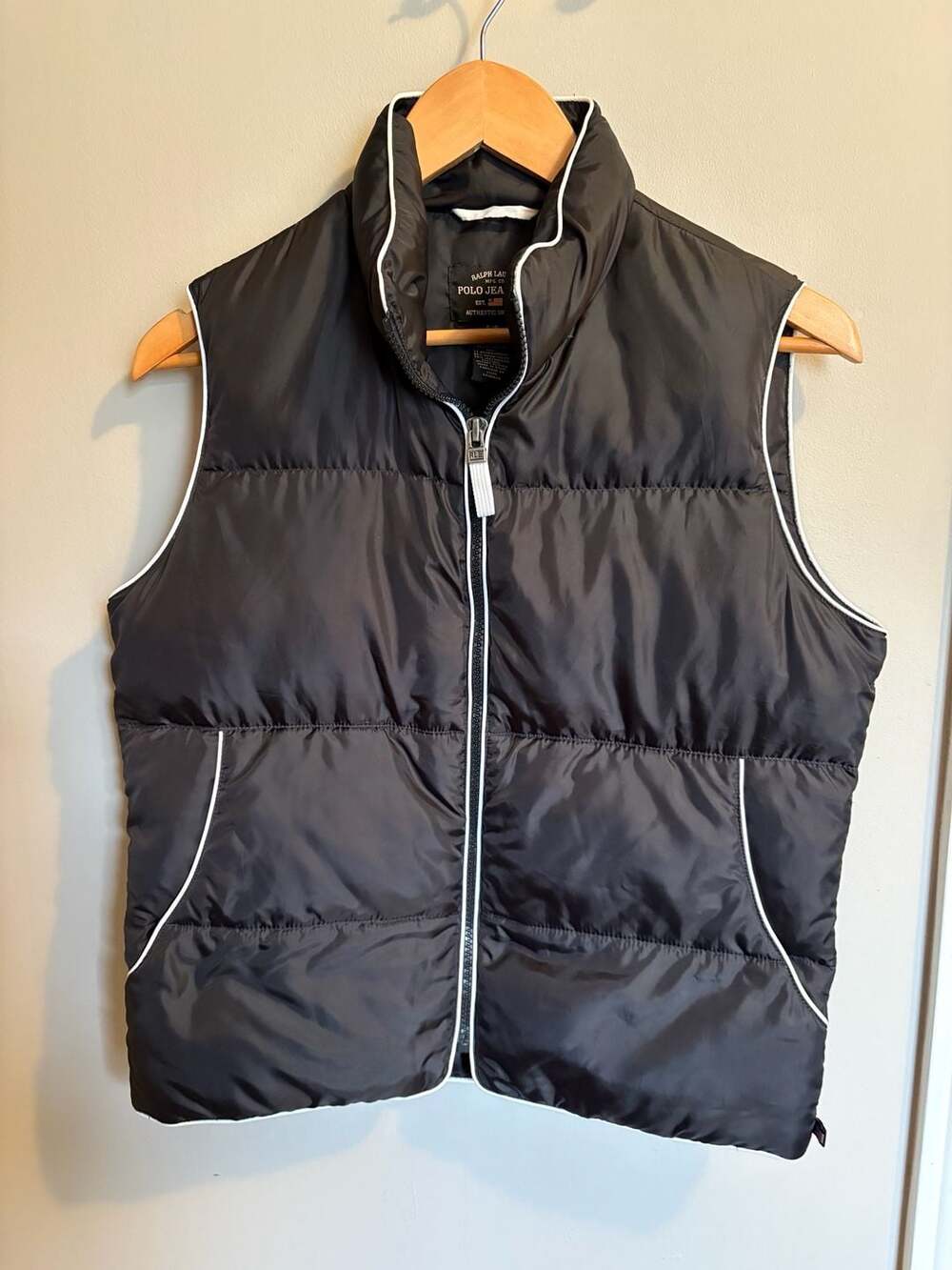 Polo Jeans Co. Ralph Lauren Black Down Feather Puffer Vest with White Piping Siz